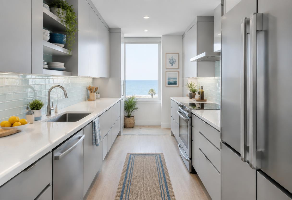Compact remodeled condo kitchen with flat-front gray cabinets, quartz counters and efficient storage