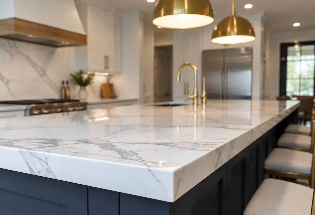 Newly installed white quartz countertop with a mitered edge on a kitchen island beneath gold pendant lights