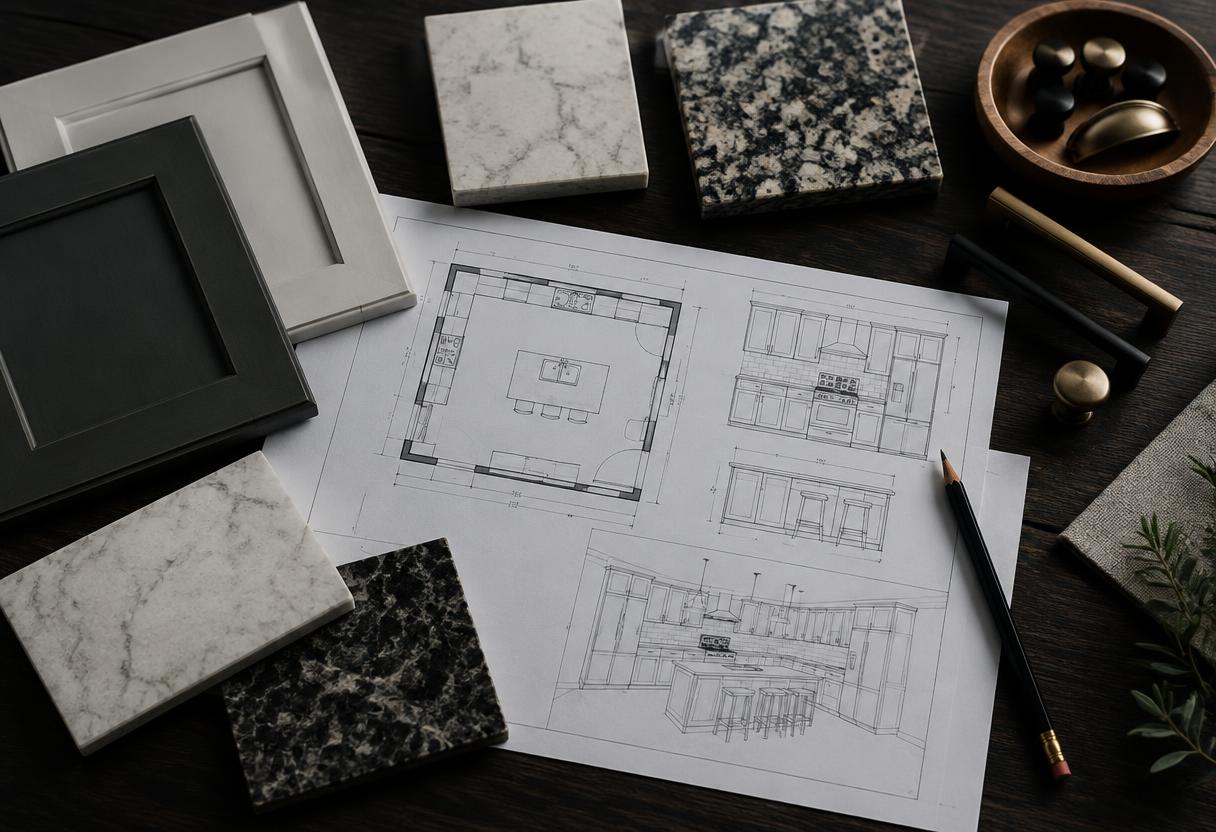Kitchen design consultation with architectural drawings, cabinet door samples and countertop chips on a dark table