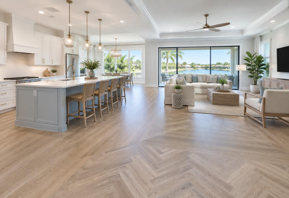 New wood-look luxury vinyl plank flooring through an open-plan Florida kitchen and living area