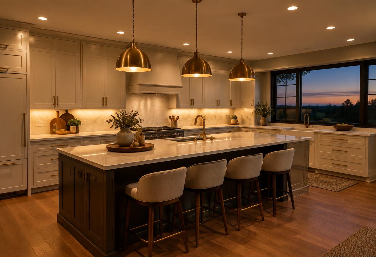 Kitchen at dusk with brass pendant lights over the island, recessed ceiling lights and under-cabinet glow