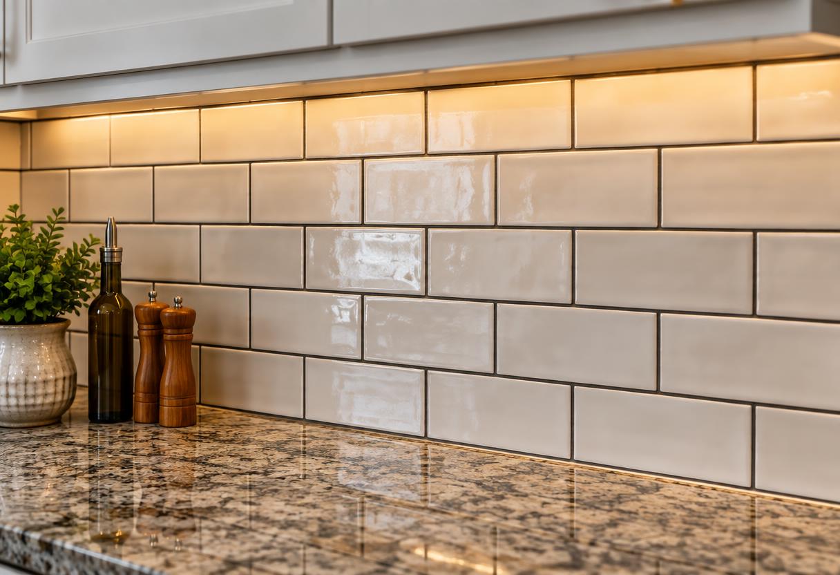 Freshly tiled kitchen backsplash of glossy ceramic subway tile with under-cabinet lighting
