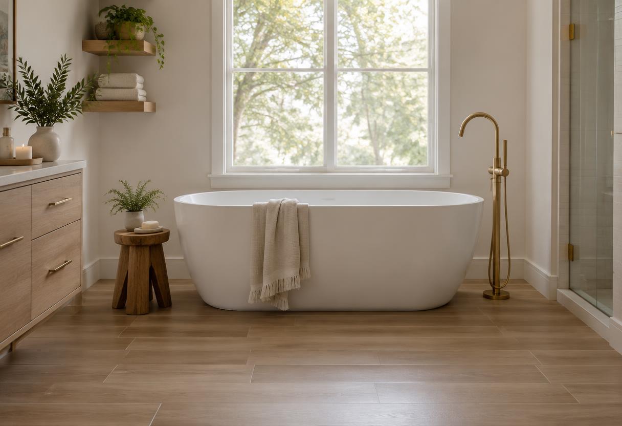 White freestanding soaking tub beneath a bright window in a remodeled Florida bathroom