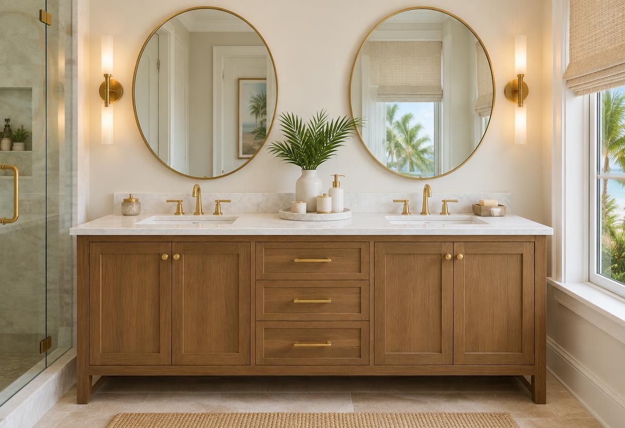 Double-sink bathroom vanity with wood cabinet, marble top, round mirrors and brushed gold faucets